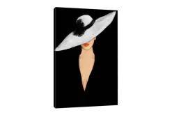 Canvas-taulu - Elegantti nainen, jolla on iso valkoinen hattu ja oranssit huulet Valkoinen / Musta / Oranssi