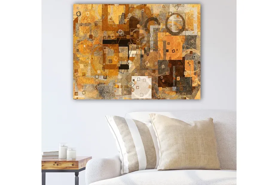 Canvas taulu 70x100 cm - Abstrakti sommitelma lämpimin sävyin geometrisilla muodoilla Kulta / Ruskea / Harmaa