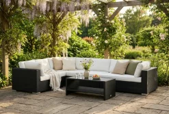 Comfort Garden Bahamas L-muotoinen ulkosohva vasen, 7-hengen, pöytä ja hylly Musta